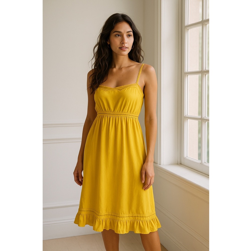 Viola Dress Women 6 Yellow Silk Mesh‎ Trim Crochet Tie Waist Midi Boho Cottage